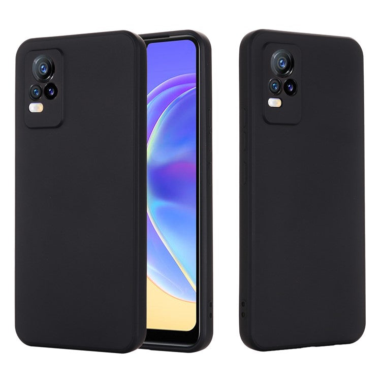 Quality Phone Case Shockproof Precise Cutout Solid Color Liquid Silicone Phone Cover with Handy Strap for vivo V21e 4G / vivo Y73 - Black