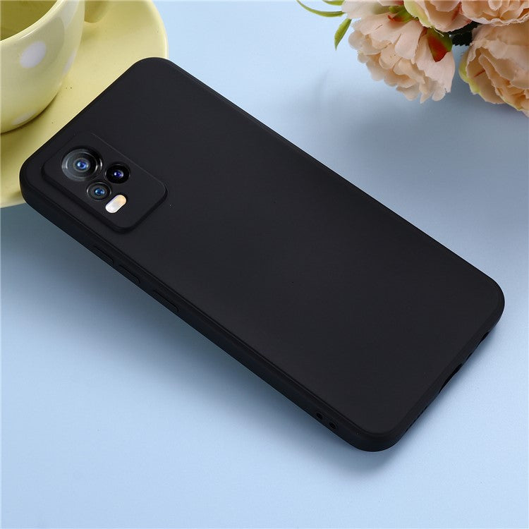 Quality Phone Case Shockproof Precise Cutout Solid Color Liquid Silicone Phone Cover with Handy Strap for vivo V21e 4G / vivo Y73 - Black