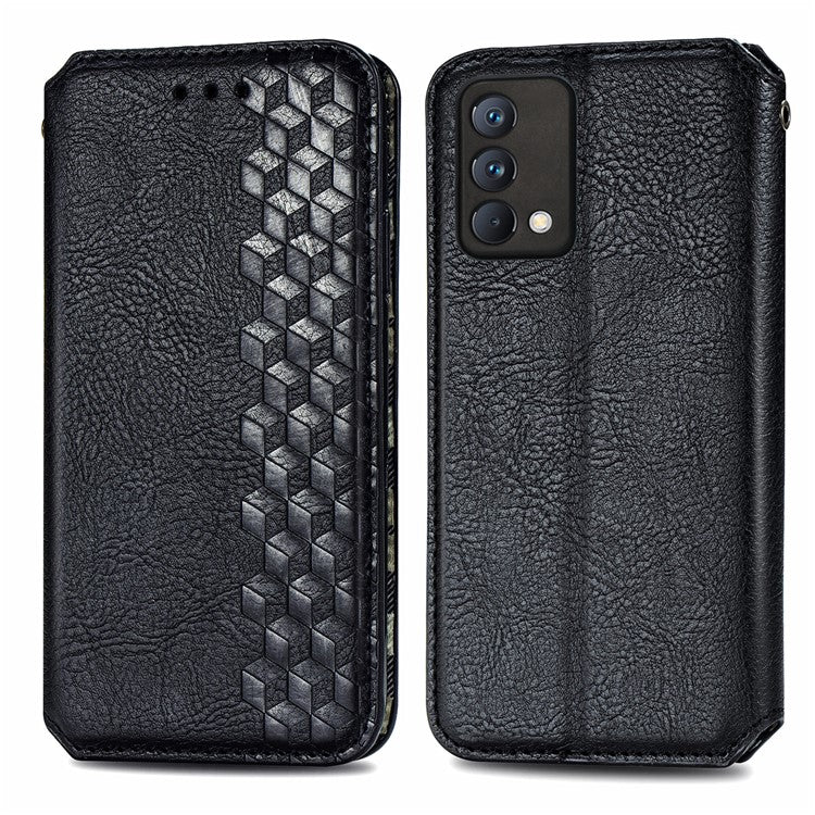 Stylish Rhombus Imprinting Magnetic Auto-absorbed Leather Protective Case Shell with Wallet Stand for Realme GT Master - Black