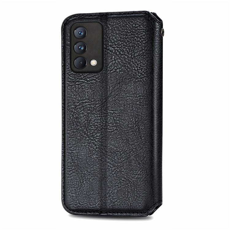 Stylish Rhombus Imprinting Magnetic Auto-absorbed Leather Protective Case Shell with Wallet Stand for Realme GT Master - Black
