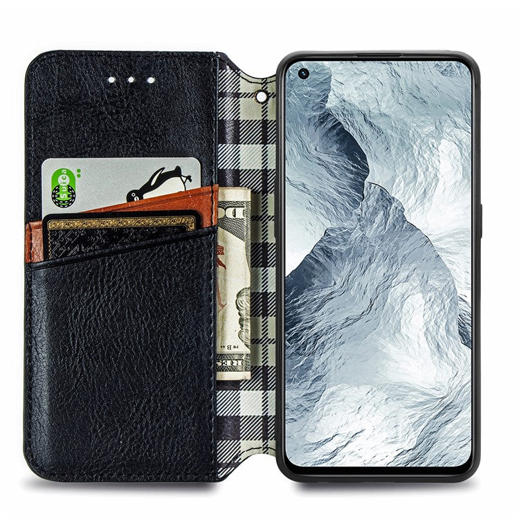 Stylish Rhombus Imprinting Magnetic Auto-absorbed Leather Protective Case Shell with Wallet Stand for Realme GT Master - Black
