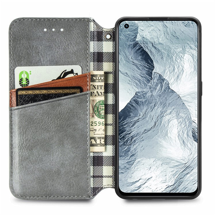 Stylish Rhombus Imprinting Magnetic Auto-absorbed Leather Protective Case Shell with Wallet Stand for Realme GT Master - Grey