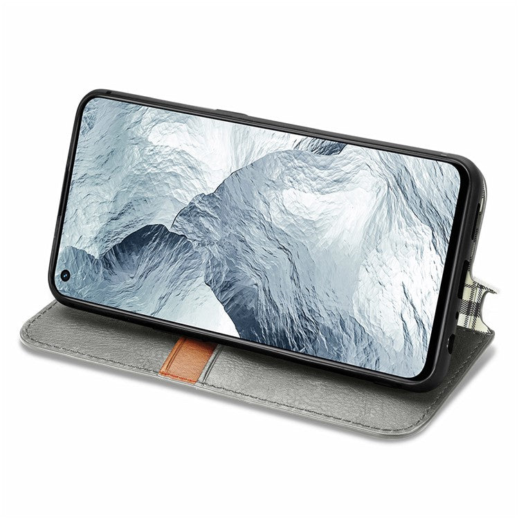 Stylish Rhombus Imprinting Magnetic Auto-absorbed Leather Protective Case Shell with Wallet Stand for Realme GT Master - Grey