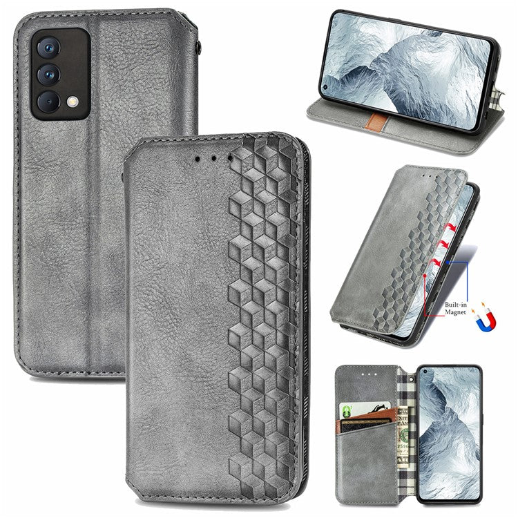 Stylish Rhombus Imprinting Magnetic Auto-absorbed Leather Protective Case Shell with Wallet Stand for Realme GT Master - Grey