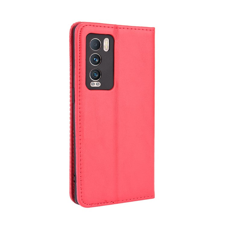 Retro Surface Well-Protected Anti-Drop Auto-Absorbed Leather Phone Wallet Stand Case Cover for Realme GT Explorer Master - Red