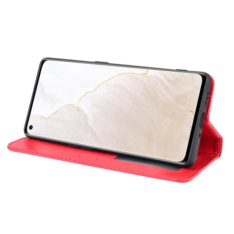 Retro Surface Well-Protected Anti-Drop Auto-Absorbed Leather Phone Wallet Stand Case Cover for Realme GT Explorer Master - Red