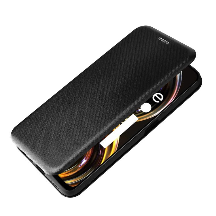 Carbon Fiber Texture Auto-absorbed Leather Stand Phone Shell Case with Ring Strap for Realme 8i - Black