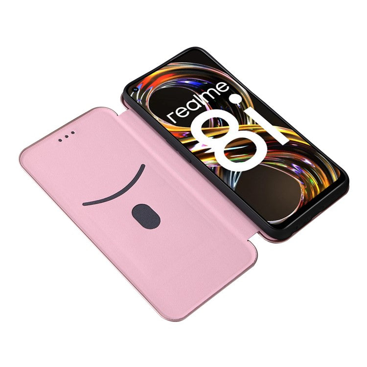 Carbon Fiber Texture Auto-absorbed Leather Stand Phone Shell Case with Ring Strap for Realme 8i - Rose Gold
