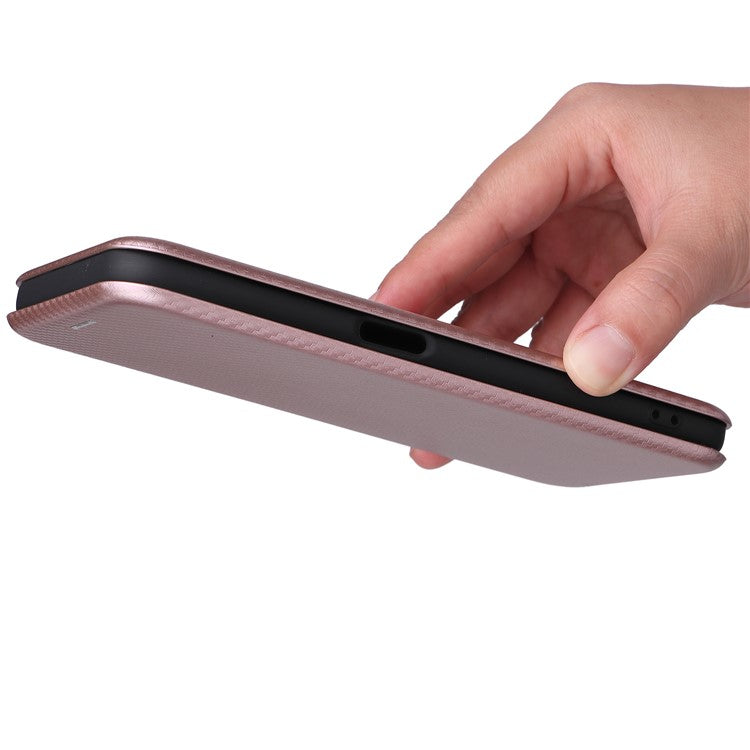 Carbon Fiber Texture Auto-absorbed Leather Stand Phone Shell Case with Ring Strap for Realme 8i - Rose Gold