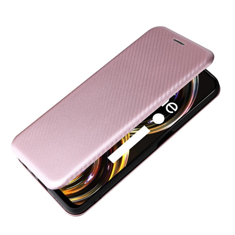 Carbon Fiber Texture Auto-absorbed Leather Stand Phone Shell Case with Ring Strap for Realme 8i - Rose Gold