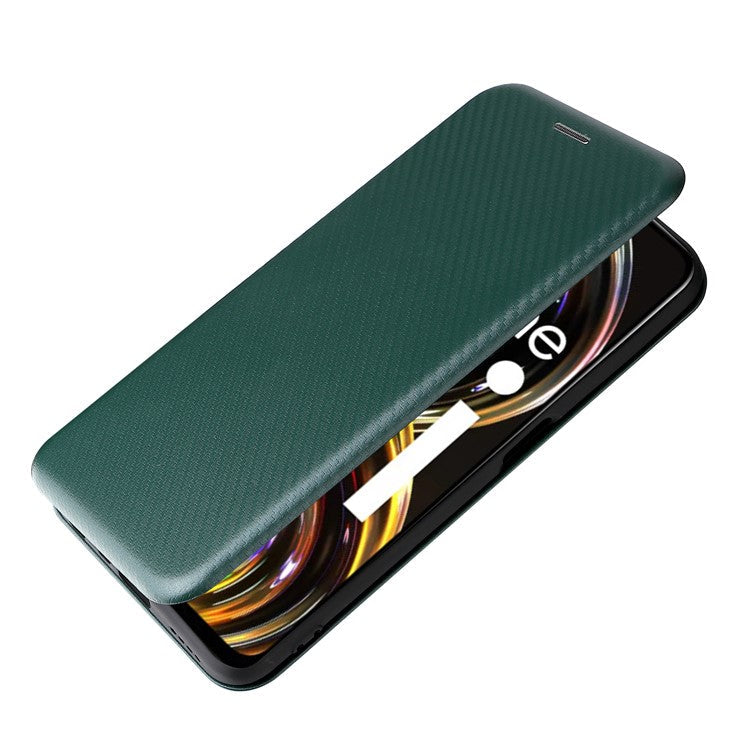 Carbon Fiber Texture Auto-absorbed Leather Stand Phone Shell Case with Ring Strap for Realme 8i - Green