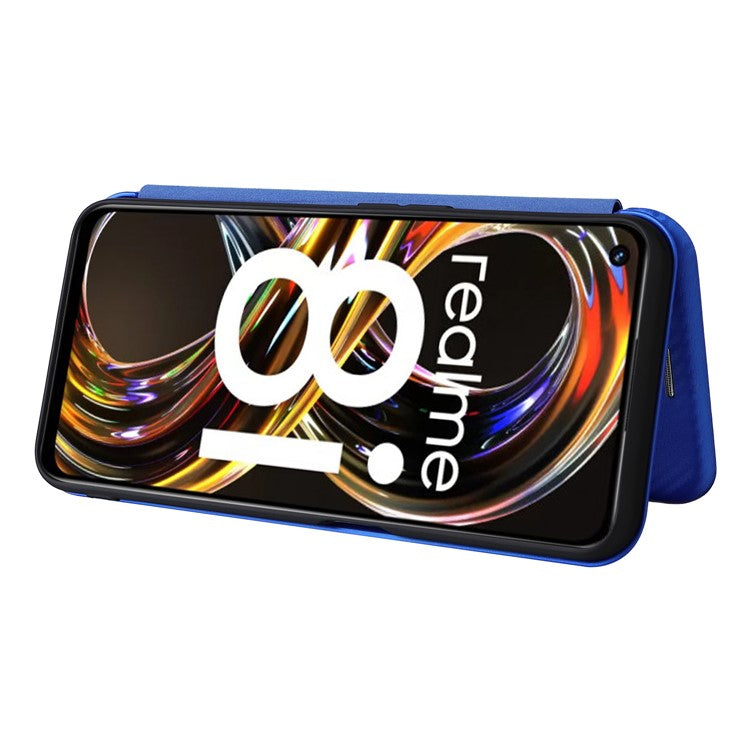 Carbon Fiber Texture Auto-absorbed Leather Stand Phone Shell Case with Ring Strap for Realme 8i - Blue