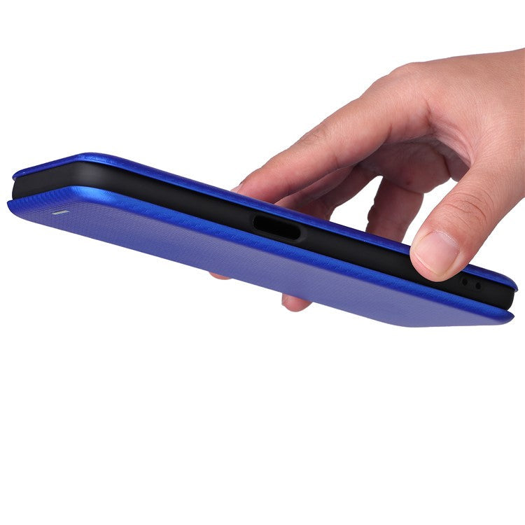 Carbon Fiber Texture Auto-absorbed Leather Stand Phone Shell Case with Ring Strap for Realme 8i - Blue