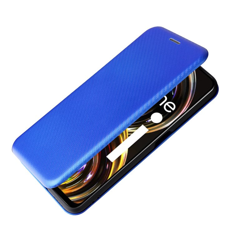 Carbon Fiber Texture Auto-absorbed Leather Stand Phone Shell Case with Ring Strap for Realme 8i - Blue