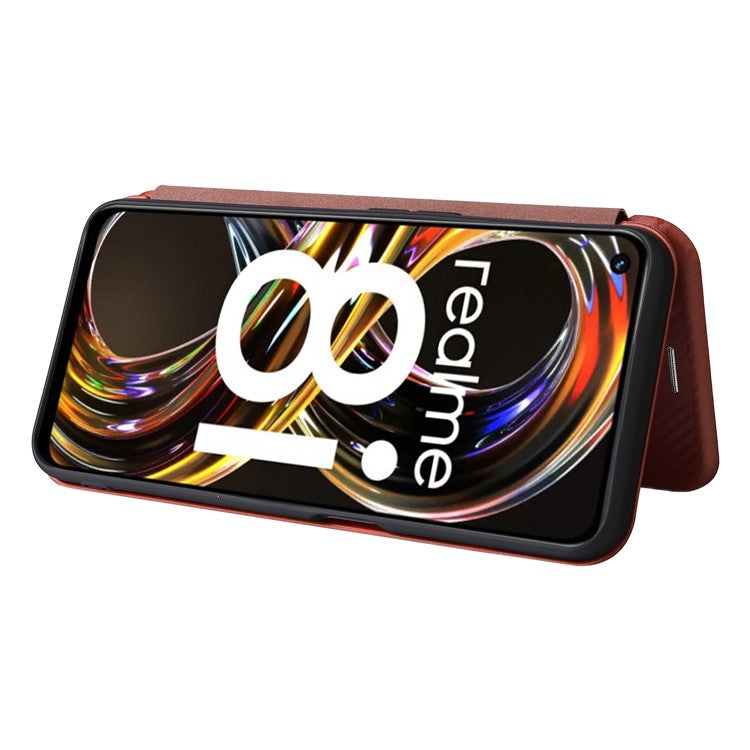 Carbon Fiber Texture Auto-absorbed Leather Stand Phone Shell Case with Ring Strap for Realme 8i - Orange