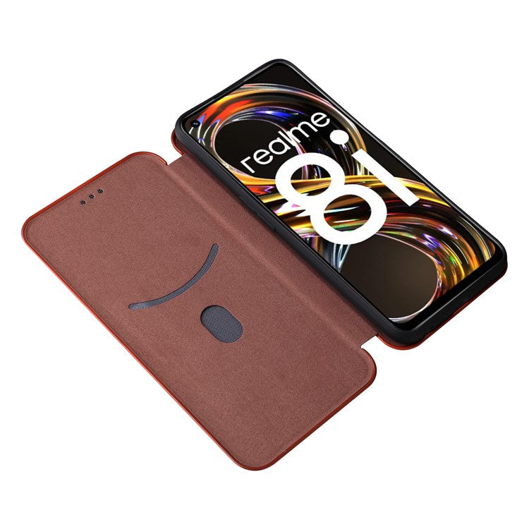 Carbon Fiber Texture Auto-absorbed Leather Stand Phone Shell Case with Ring Strap for Realme 8i - Orange