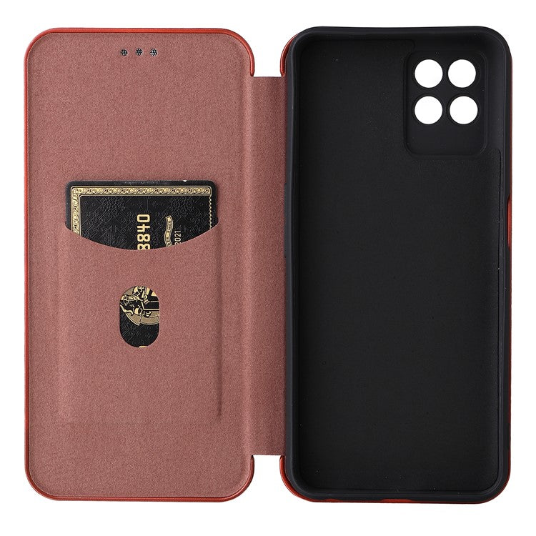 Carbon Fiber Texture Auto-absorbed Leather Stand Phone Shell Case with Ring Strap for Realme 8i - Orange