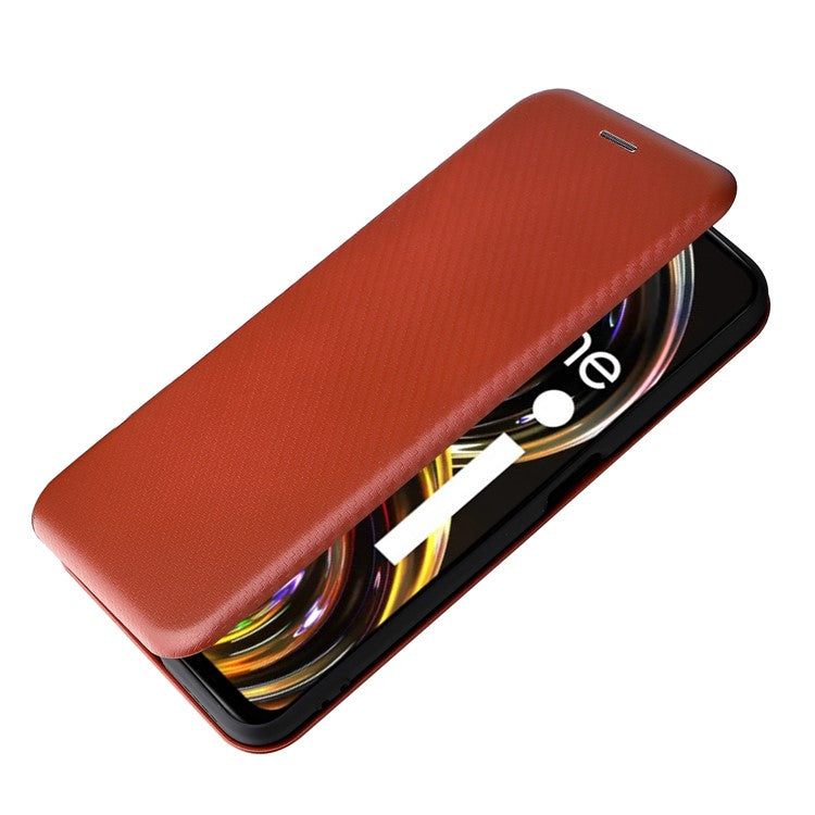 Carbon Fiber Texture Auto-absorbed Leather Stand Phone Shell Case with Ring Strap for Realme 8i - Orange