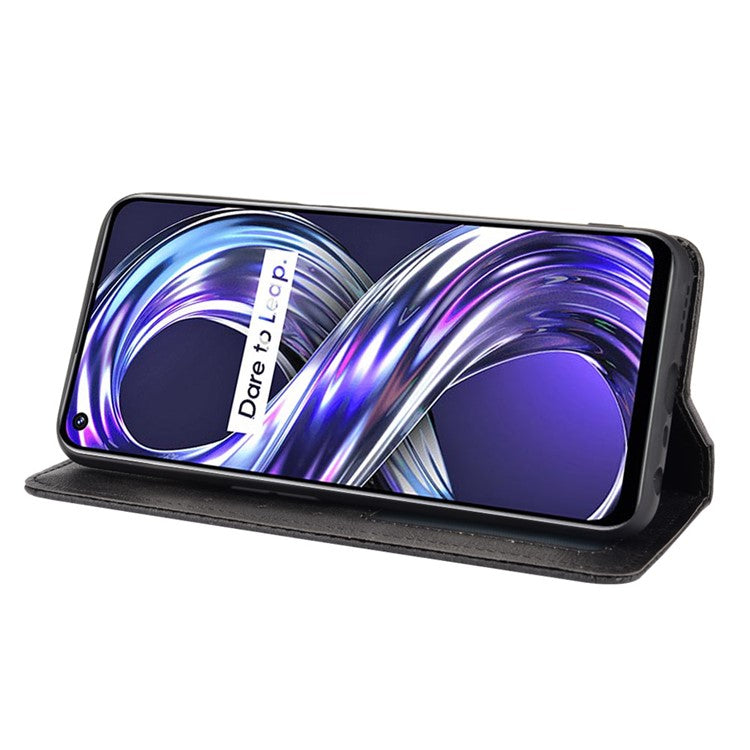 For Realme 8i Retro Textured Surface Shockproof Wallet Stand Well-Protected Phone Leather Case - Black