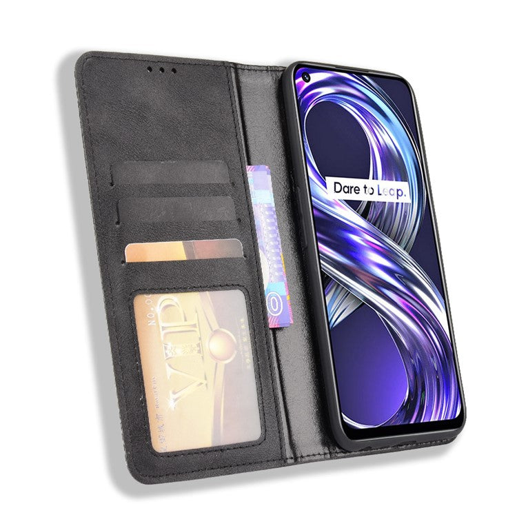 For Realme 8i Retro Textured Surface Shockproof Wallet Stand Well-Protected Phone Leather Case - Black