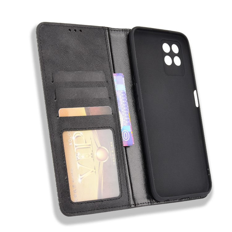 For Realme 8i Retro Textured Surface Shockproof Wallet Stand Well-Protected Phone Leather Case - Black
