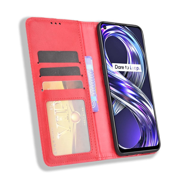 For Realme 8i Retro Textured Surface Shockproof Wallet Stand Well-Protected Phone Leather Case - Red