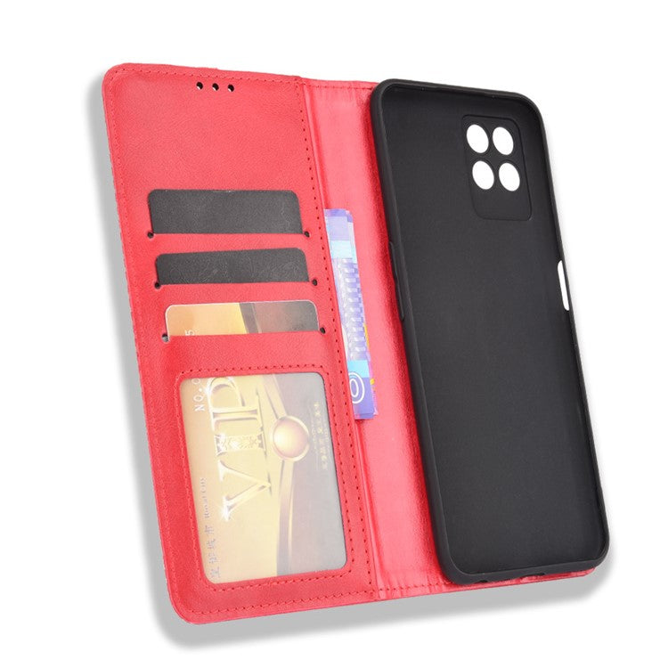 For Realme 8i Retro Textured Surface Shockproof Wallet Stand Well-Protected Phone Leather Case - Red
