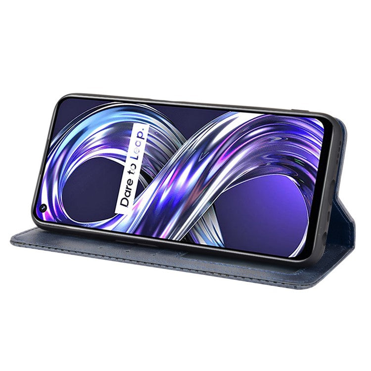 For Realme 8i Retro Textured Surface Shockproof Wallet Stand Well-Protected Phone Leather Case - Blue
