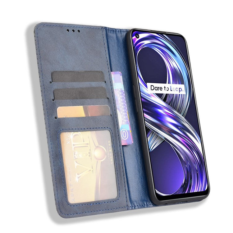 For Realme 8i Retro Textured Surface Shockproof Wallet Stand Well-Protected Phone Leather Case - Blue