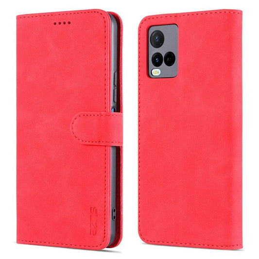 AZNS TPU+PU Leather Wallet Stand Phone Case Flip Card Slots Protected Fully Phone Shell for vivo Y21 / Y33s - Red
