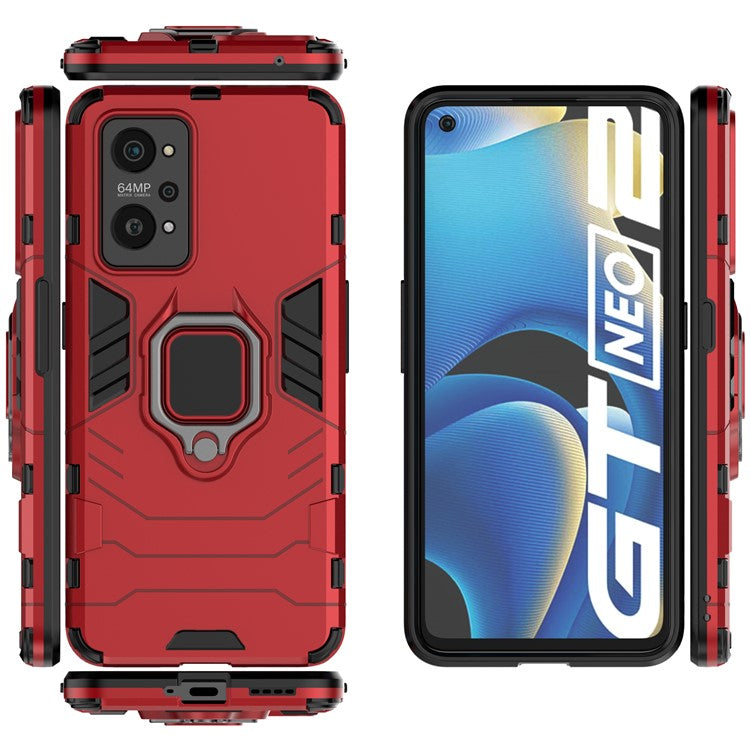 Drop Proof Dual Layer Soft TPU + Hard PC Phone Cover with Ring Holder Kickstand for Realme GT Neo2 5G/GT Neo 3T 5G - Red
