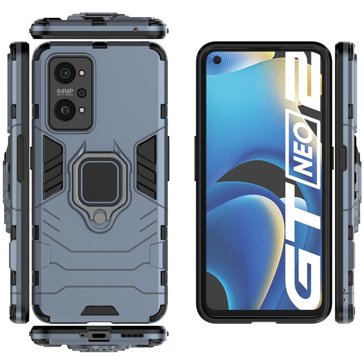 Drop Proof Dual Layer Soft TPU + Hard PC Phone Cover with Ring Holder Kickstand for Realme GT Neo2 5G/GT Neo 3T 5G - Blue