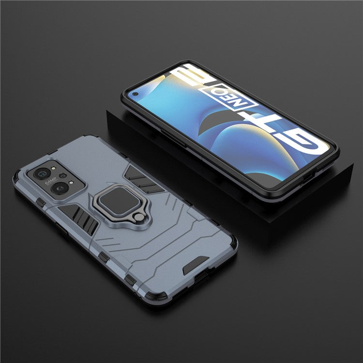 Drop Proof Dual Layer Soft TPU + Hard PC Phone Cover with Ring Holder Kickstand for Realme GT Neo2 5G/GT Neo 3T 5G - Blue