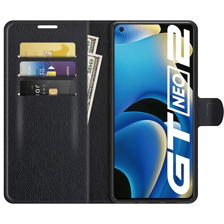 Shock-resistant Litchi Texture Folio Flip Magnetic Closure PU Leather Stand Case Wallet Phone Cover for Realme GT Neo2 5G/GT2/GT Neo 3T 5G - Black