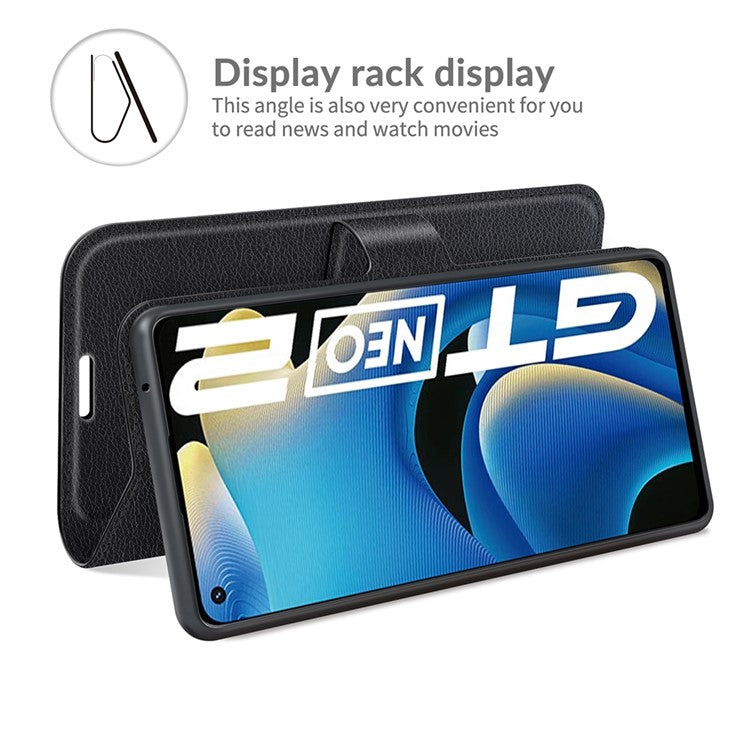 Shock-resistant Litchi Texture Folio Flip Magnetic Closure PU Leather Stand Case Wallet Phone Cover for Realme GT Neo2 5G/GT2/GT Neo 3T 5G - Black