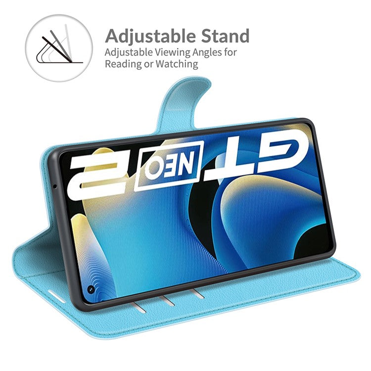 Shock-resistant Litchi Texture Folio Flip Magnetic Closure PU Leather Stand Case Wallet Phone Cover for Realme GT Neo2 5G/GT2/GT Neo 3T 5G - Blue