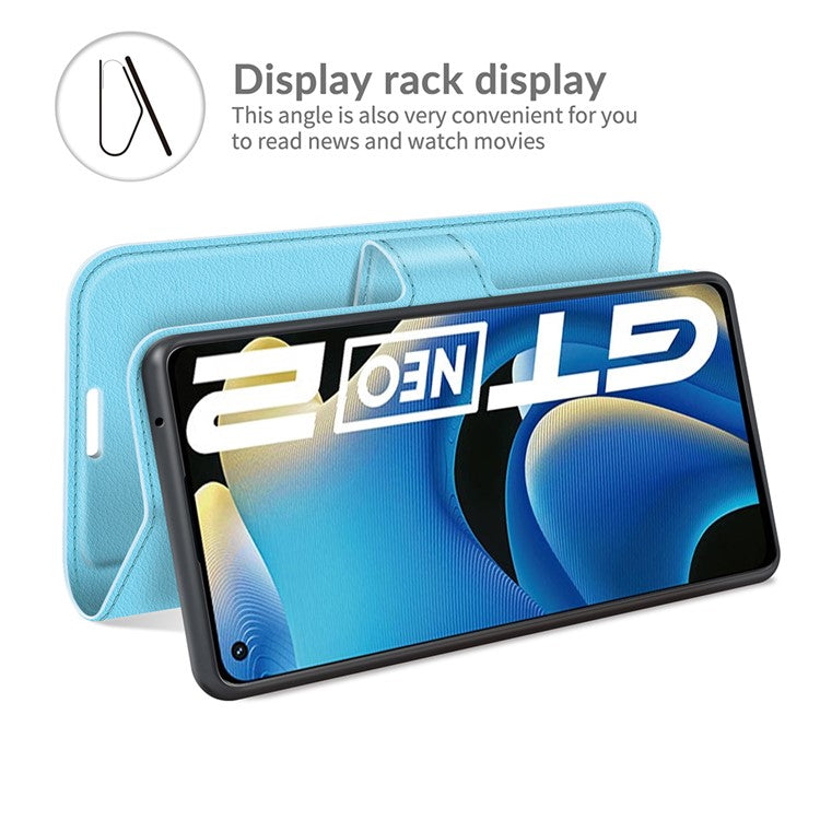 Shock-resistant Litchi Texture Folio Flip Magnetic Closure PU Leather Stand Case Wallet Phone Cover for Realme GT Neo2 5G/GT2/GT Neo 3T 5G - Blue