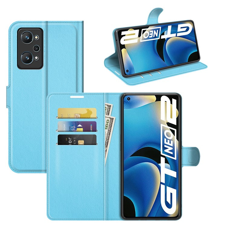 Shock-resistant Litchi Texture Folio Flip Magnetic Closure PU Leather Stand Case Wallet Phone Cover for Realme GT Neo2 5G/GT2/GT Neo 3T 5G - Blue