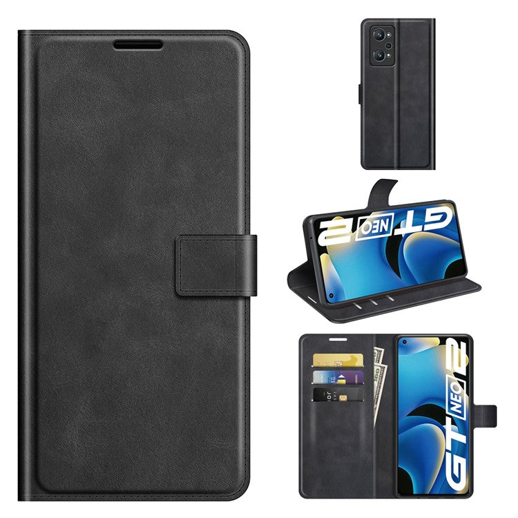 Anti-Scratch Well-Protected PU Leather TPU Wallet Stand Flip Phone Cover Case for Realme GT Neo2 5G/GT2/GT Neo 3T 5G - Black