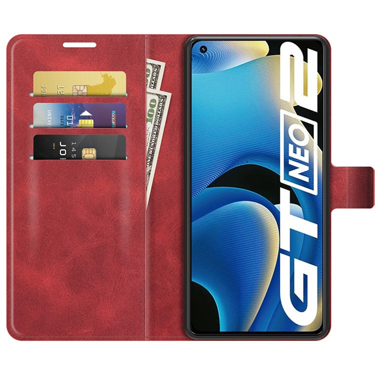 Anti-Scratch Well-Protected PU Leather TPU Wallet Stand Flip Phone Cover Case for Realme GT Neo2 5G/GT2/GT Neo 3T 5G - Red