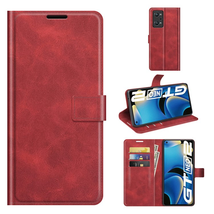 Anti-Scratch Well-Protected PU Leather TPU Wallet Stand Flip Phone Cover Case for Realme GT Neo2 5G/GT2/GT Neo 3T 5G - Red
