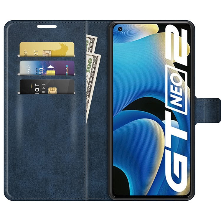 Anti-Scratch Well-Protected PU Leather TPU Wallet Stand Flip Phone Cover Case for Realme GT Neo2 5G/GT2/GT Neo 3T 5G - Blue
