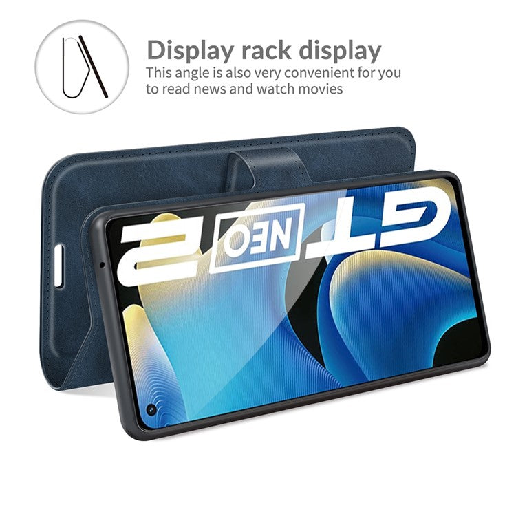 Anti-Scratch Well-Protected PU Leather TPU Wallet Stand Flip Phone Cover Case for Realme GT Neo2 5G/GT2/GT Neo 3T 5G - Blue