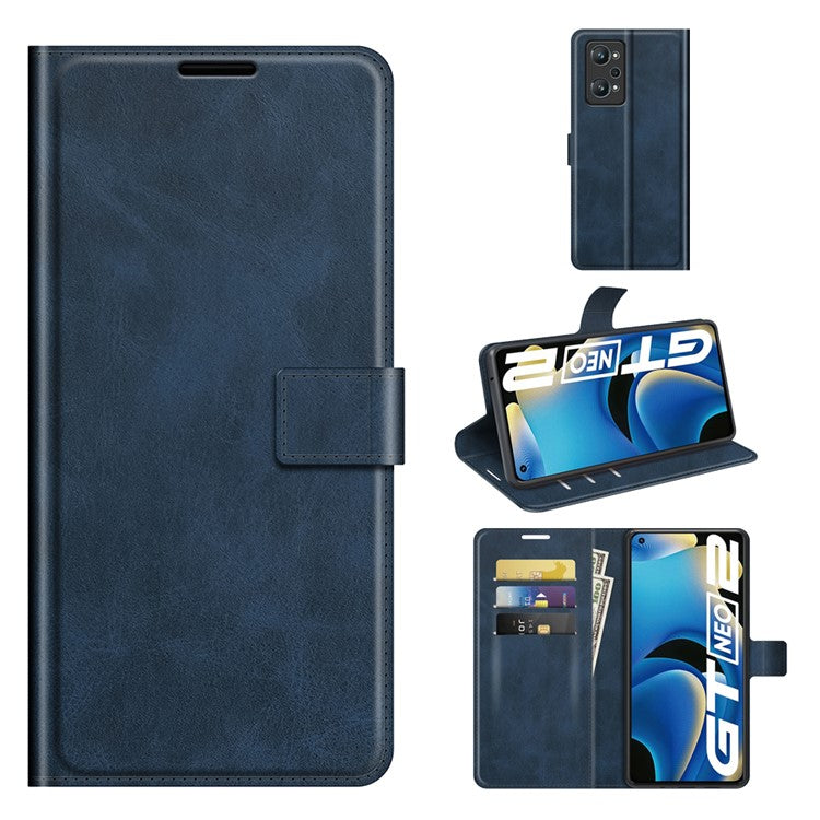 Anti-Scratch Well-Protected PU Leather TPU Wallet Stand Flip Phone Cover Case for Realme GT Neo2 5G/GT2/GT Neo 3T 5G - Blue