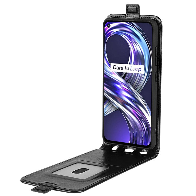 Crazy Horse Texture Magnetic Clasp Shockproof Anti-Fall Leather Well-Protected Vertical Flip Phone Cover with Card Slot for Realme 8i/Narzo 50 4G - Black