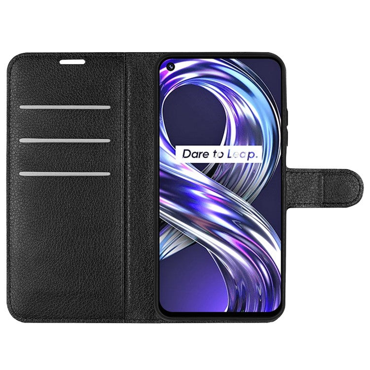 Lightweight Solid Color Litchi Texture PU Leather Stand Wallet Folio Flip Phone Cover for Realme 8i/Narzo 50 4G - Black