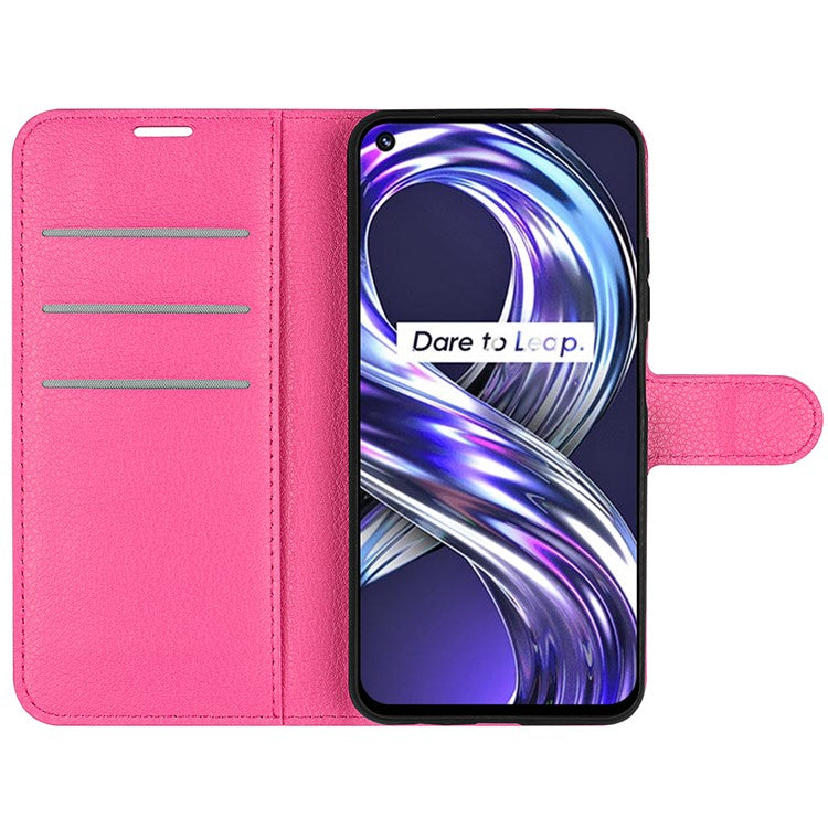 Lightweight Solid Color Litchi Texture PU Leather Stand Wallet Folio Flip Phone Cover for Realme 8i/Narzo 50 4G - Rose