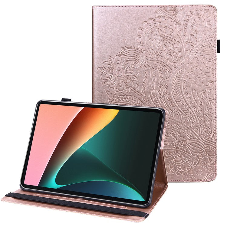 Imprinting Flower Card Slots Stand Design PU Leather Tablet Cover Case for Realme Pad 10.4-inch - Rose Gold
