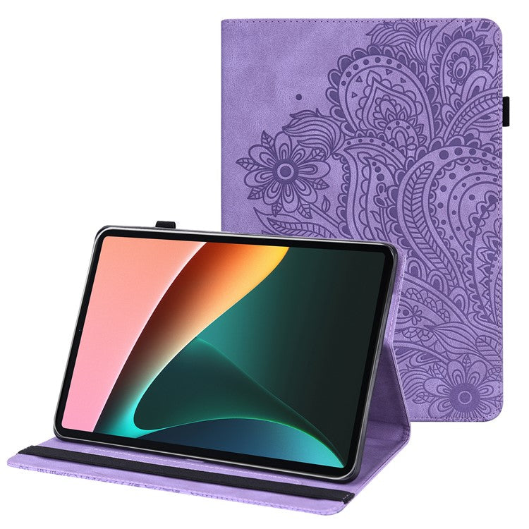 Imprinting Flower Card Slots Stand Design PU Leather Tablet Cover Case for Realme Pad 10.4-inch - Purple