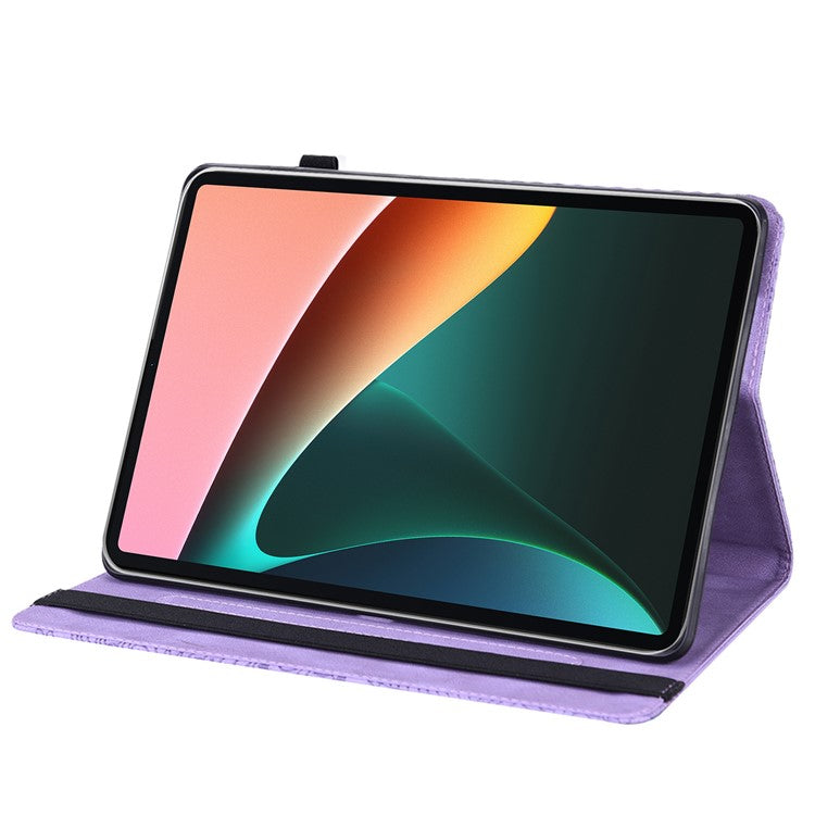 Imprinting Flower Card Slots Stand Design PU Leather Tablet Cover Case for Realme Pad 10.4-inch - Purple